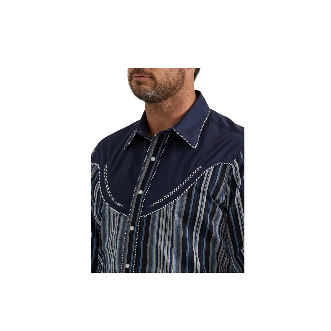 Wrangler Men's Rodeo Ben Western Snap Navy Stripes Shirt