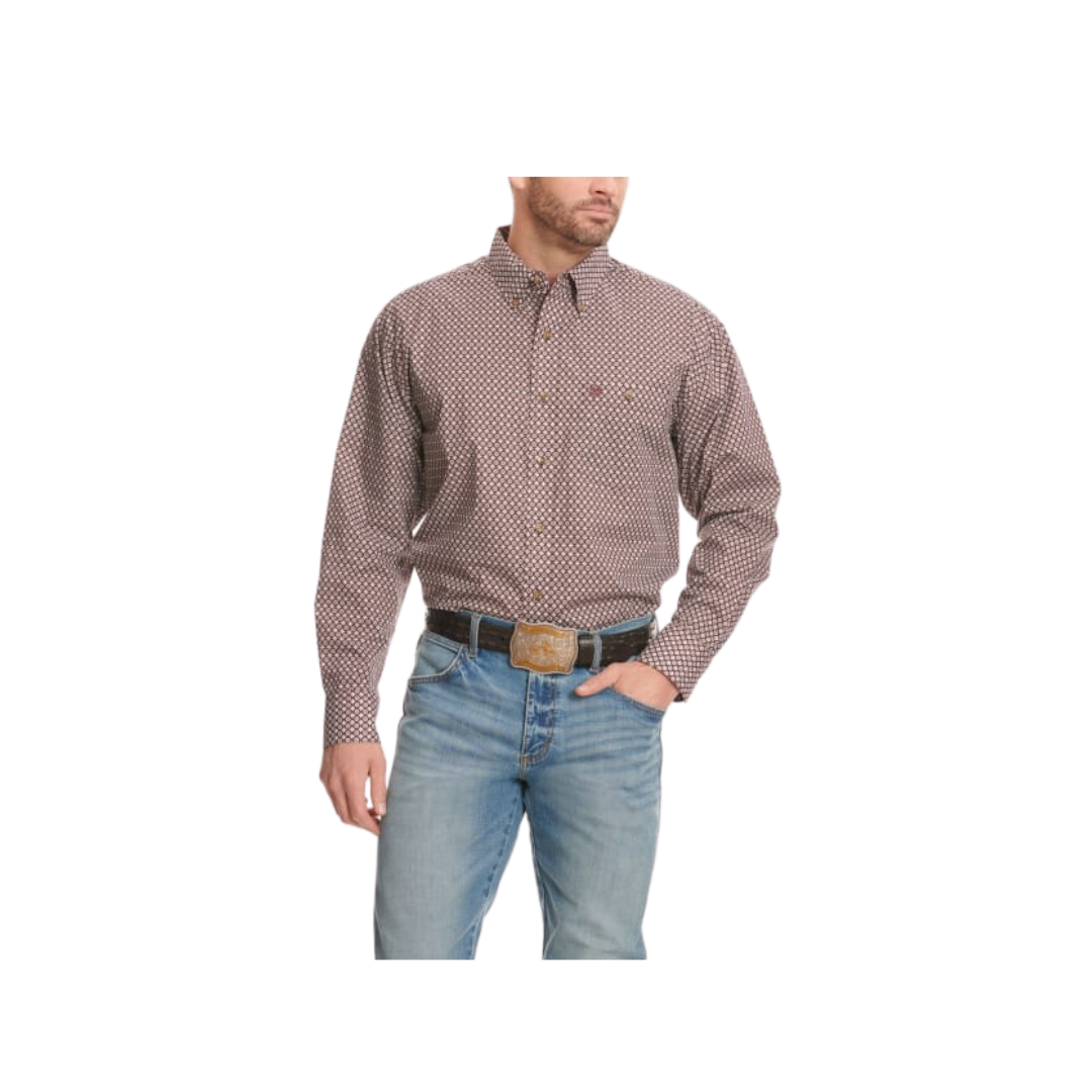 Wrangler Men's Merlot With Grey Stone Geo Print Long Sleeve Western Red Big Shirt