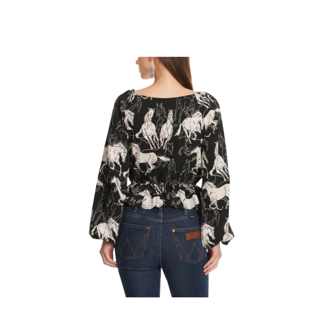 Wrangler Women's Retro Horse Print Peplum Top Black White Shirt