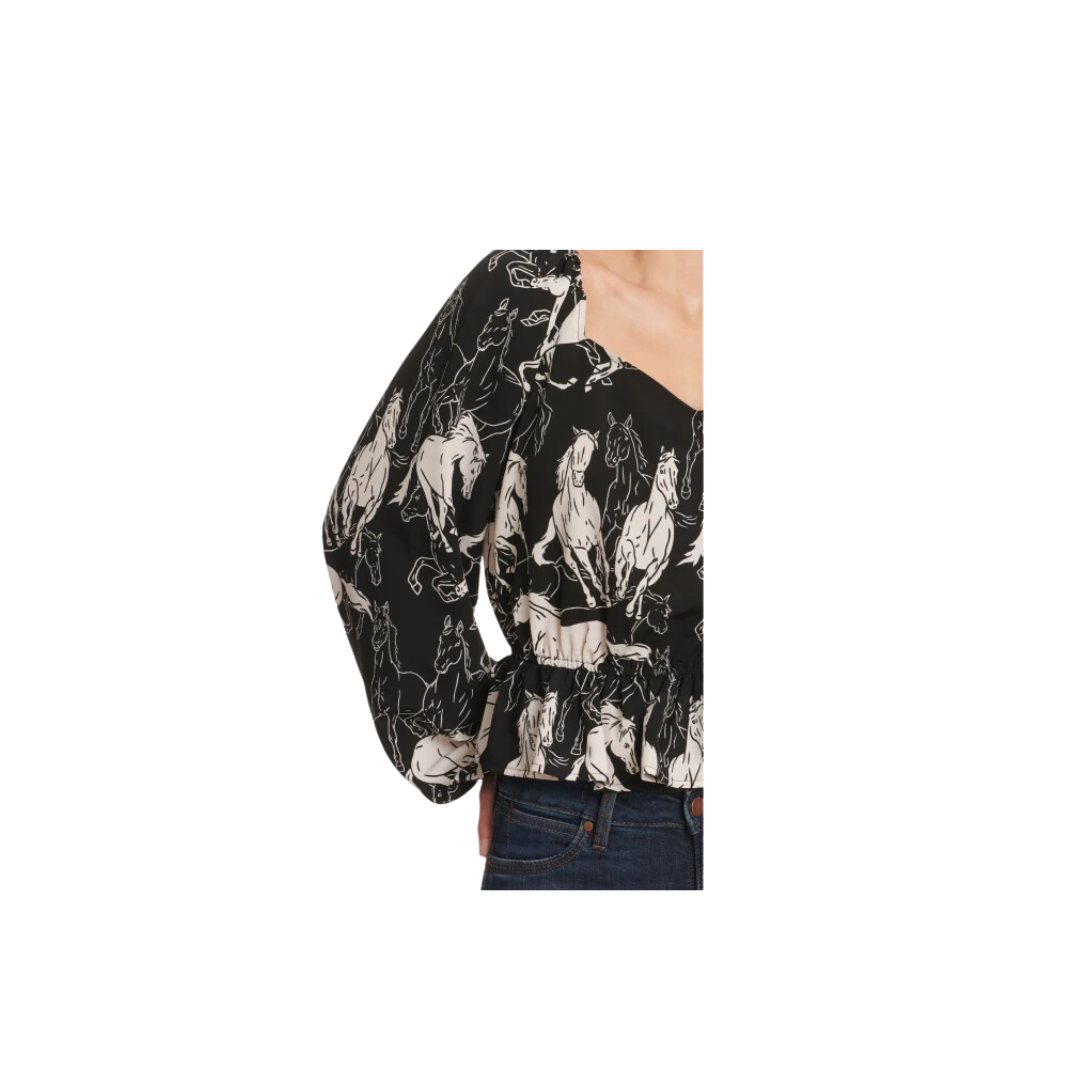 Wrangler Women's Retro Horse Print Peplum Top Black White Shirt