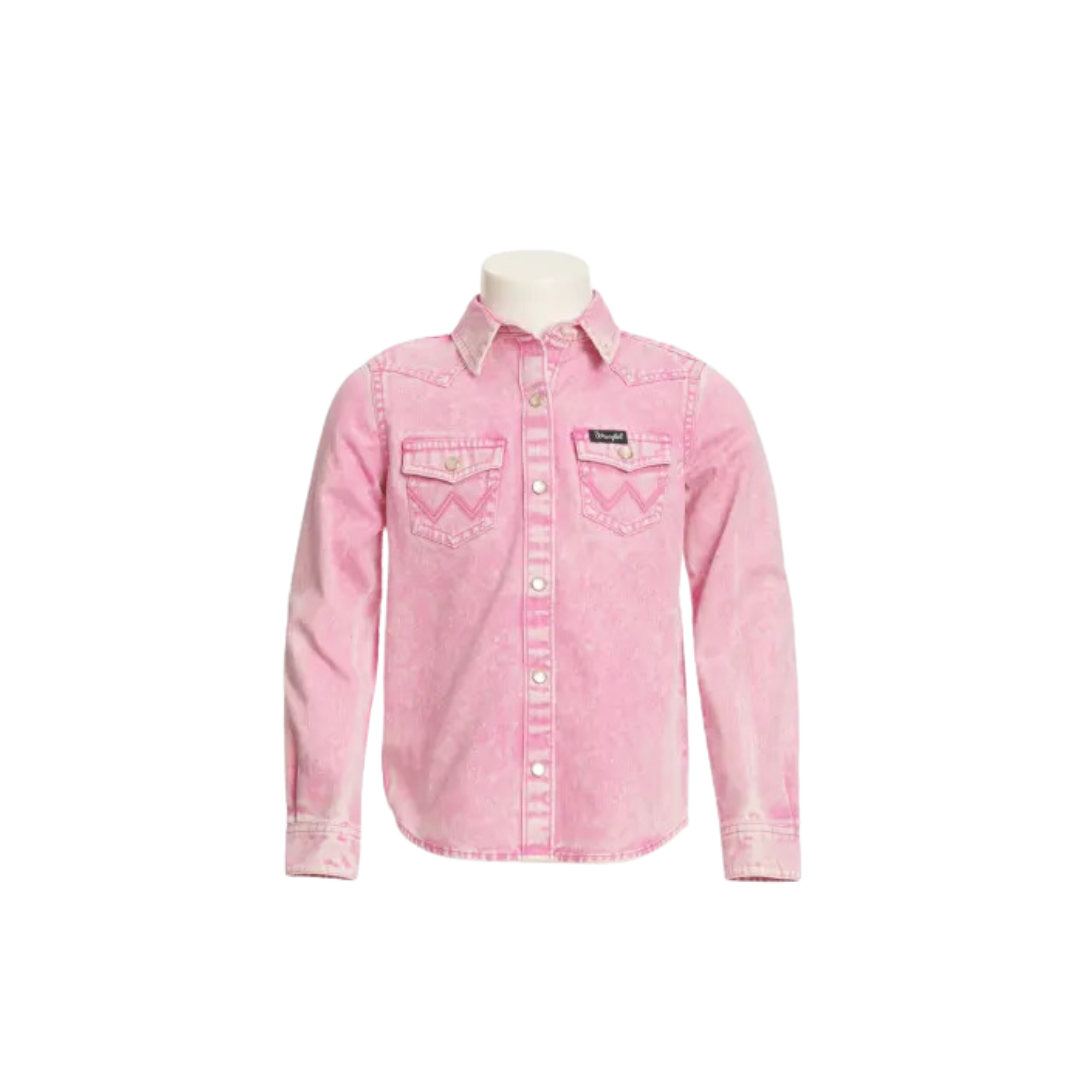 Wrangler Youth Girl's Acid Wash Denim Western Pink Shirt