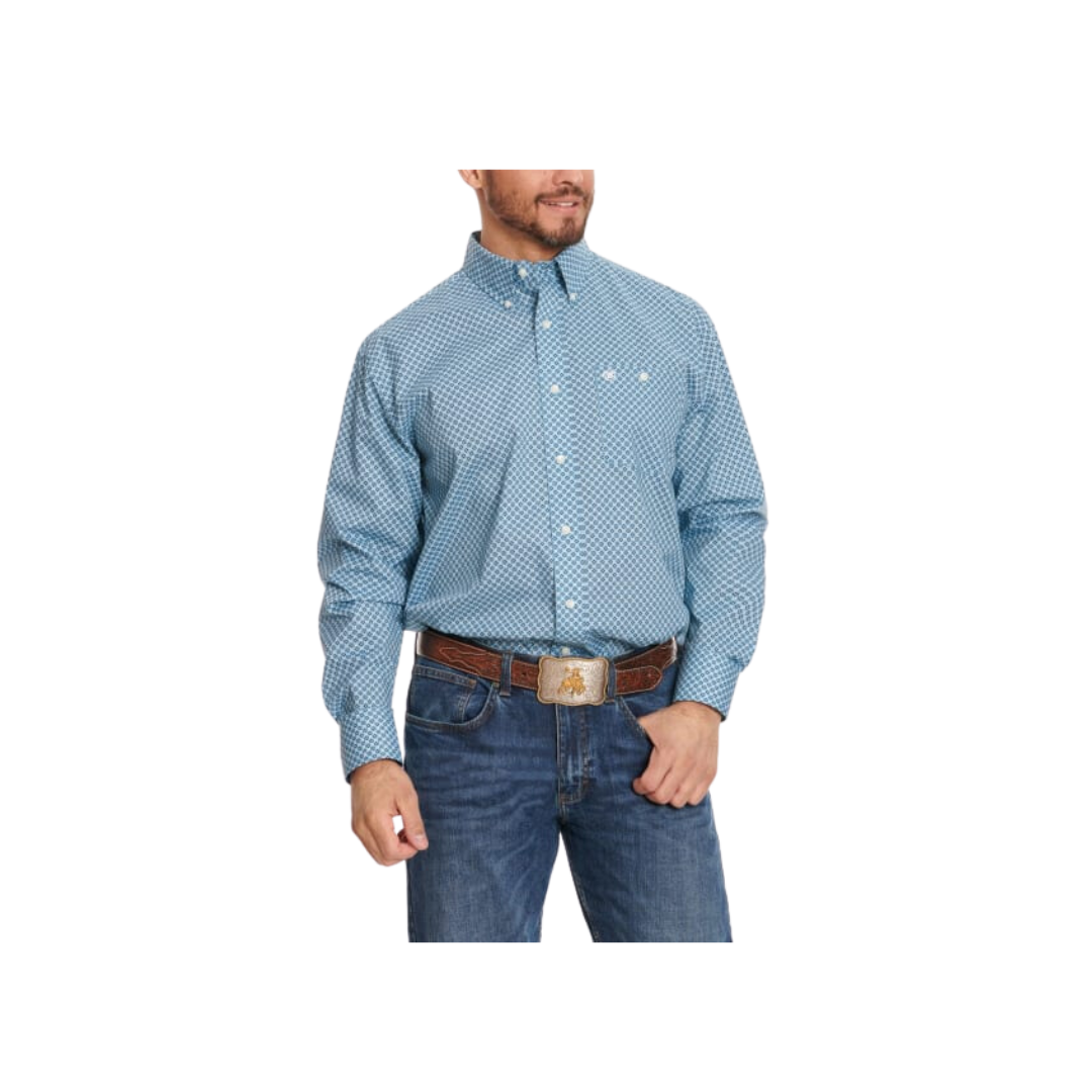 Wrangler Men's Carolina Blue White Navy Geo Print Classic Fit Long Sleeve Western Blue Shirt