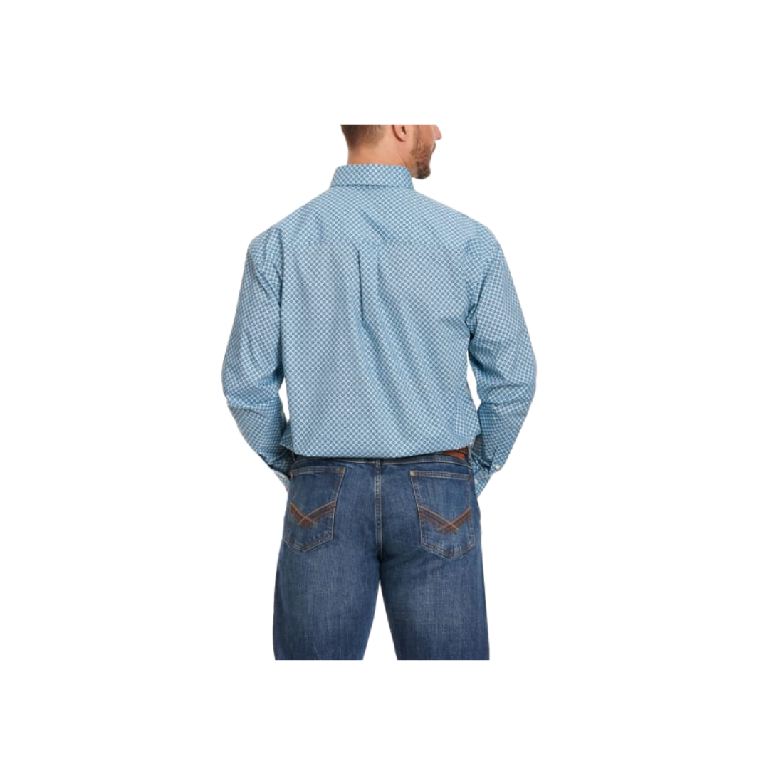 Wrangler Men's Carolina Blue White Navy Geo Print Classic Fit Long Sleeve Western Blue Shirt