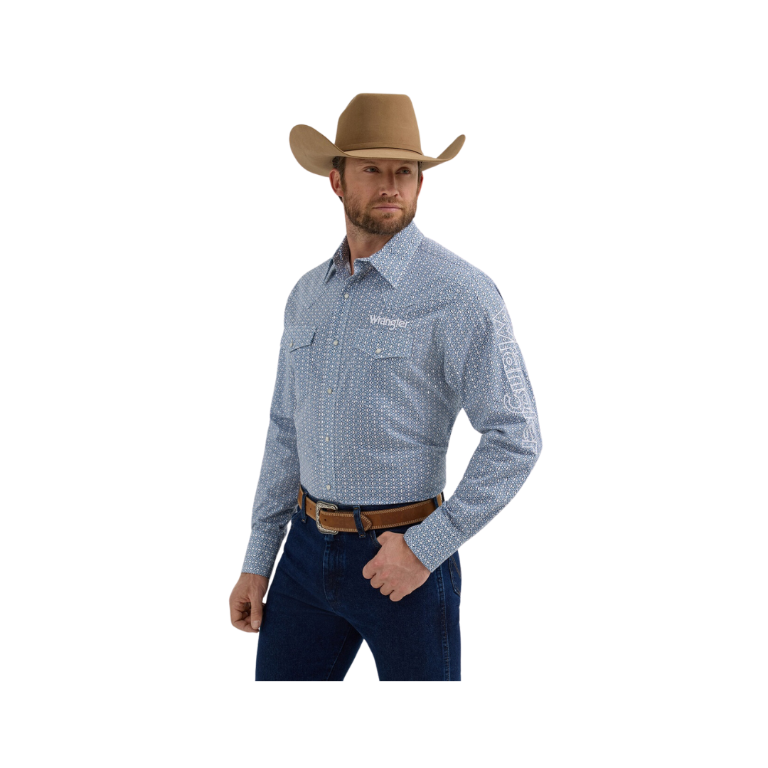 Wrangler Men's Logo Diamond Print Snap Blue Shirt
