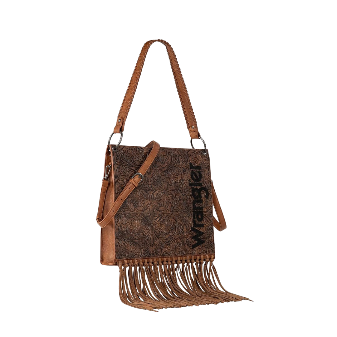 Wrangler Women's Floral Embossed Fringe Concealed Carry Hobo Brown Crossbody