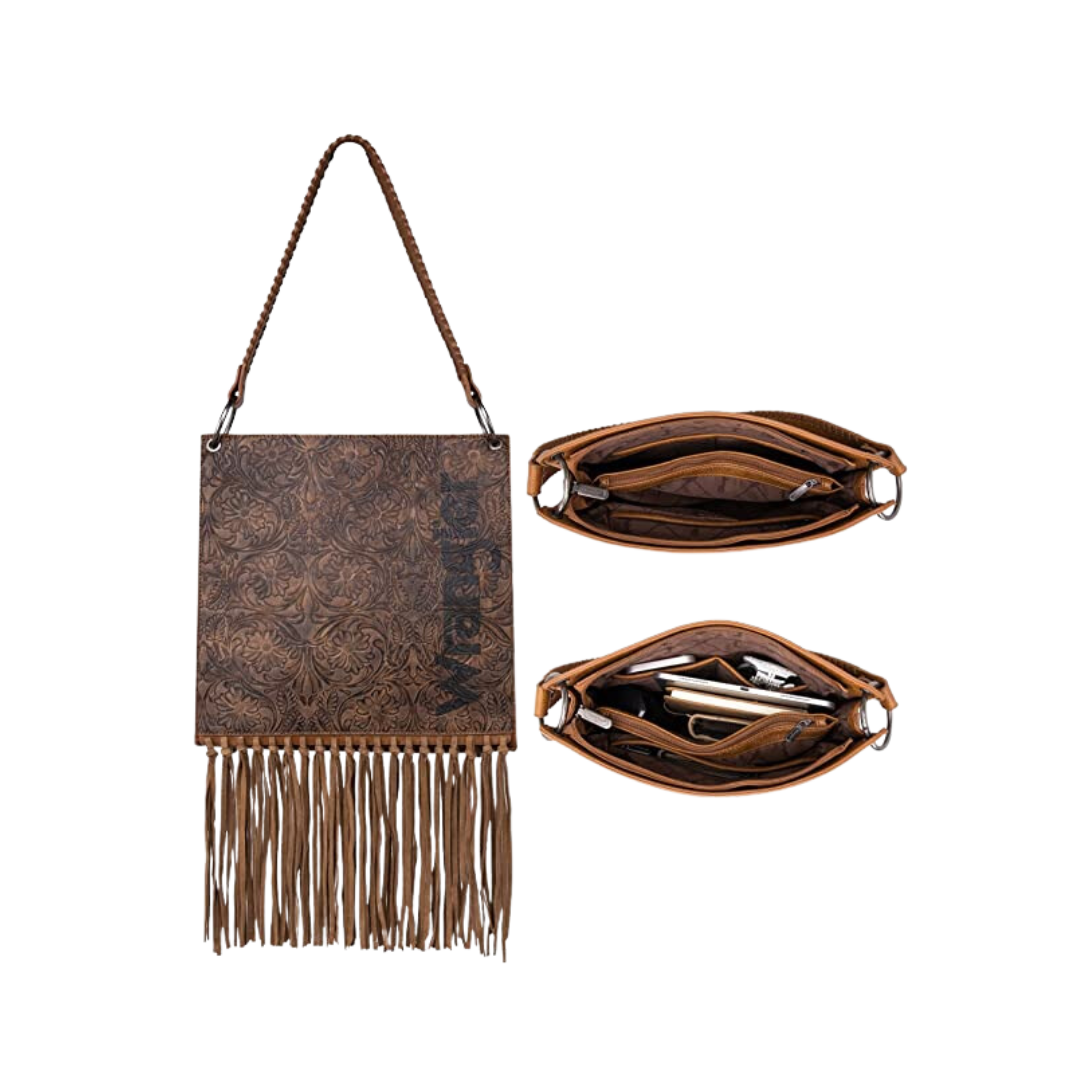 Wrangler Women's Floral Embossed Fringe Concealed Carry Hobo Brown Crossbody