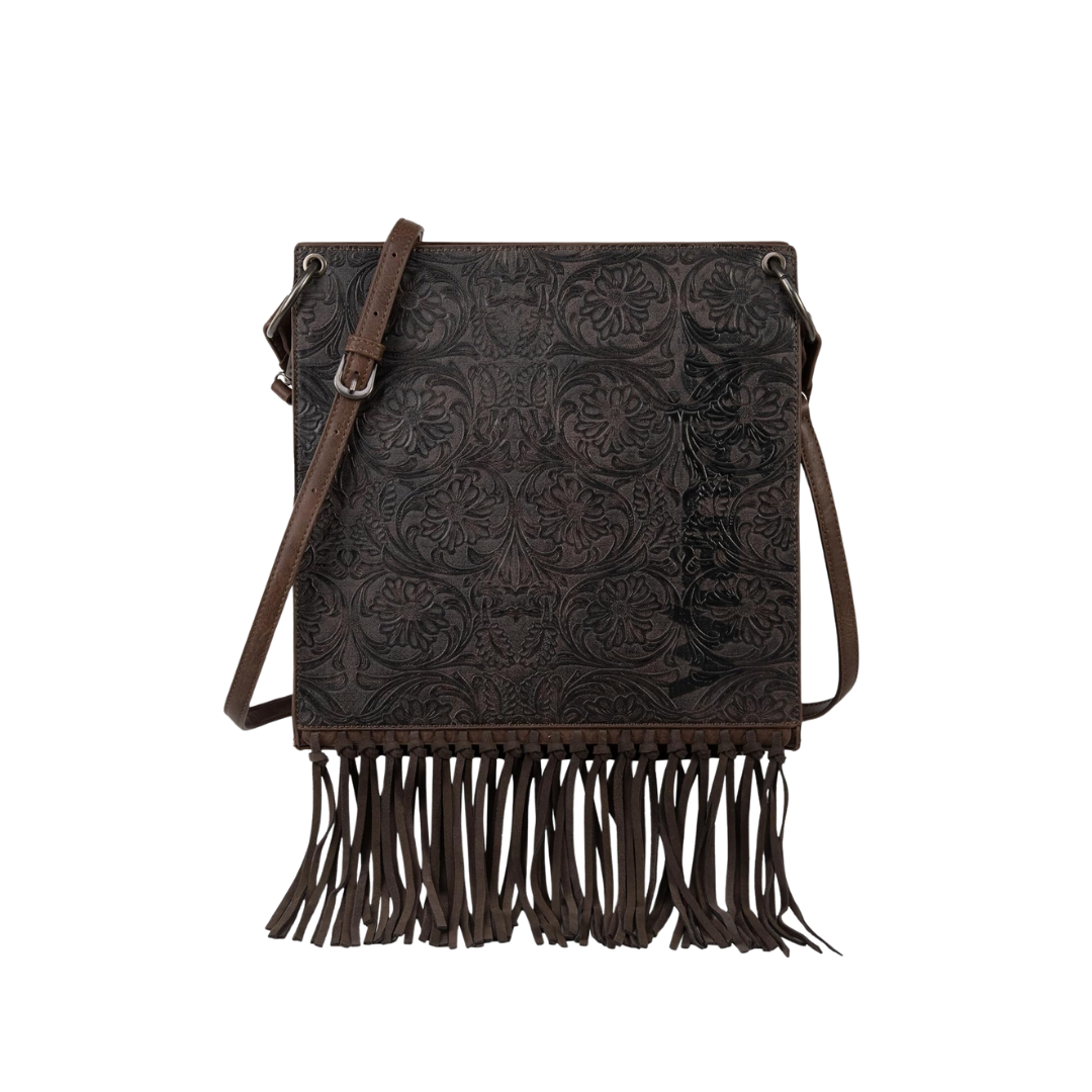 Wrangler Women's Floral Embossed Fringe Coffee Crossbody