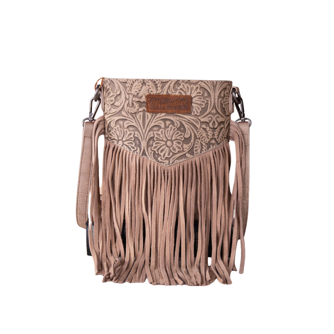 Wrangler Women's Vintage Floral Embossed Fringe Khaki Crossbody