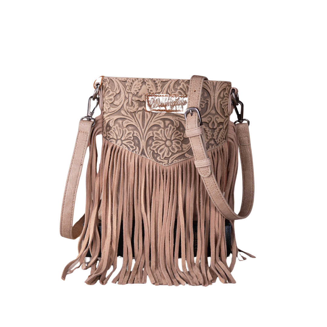 Wrangler Women's Vintage Floral Embossed Fringe Khaki Crossbody