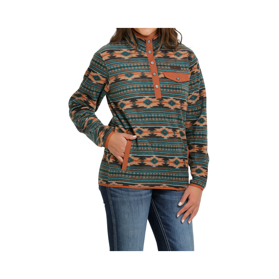 Cinch Women's Green Aztec Print Polar Fleece Pullover Sweater