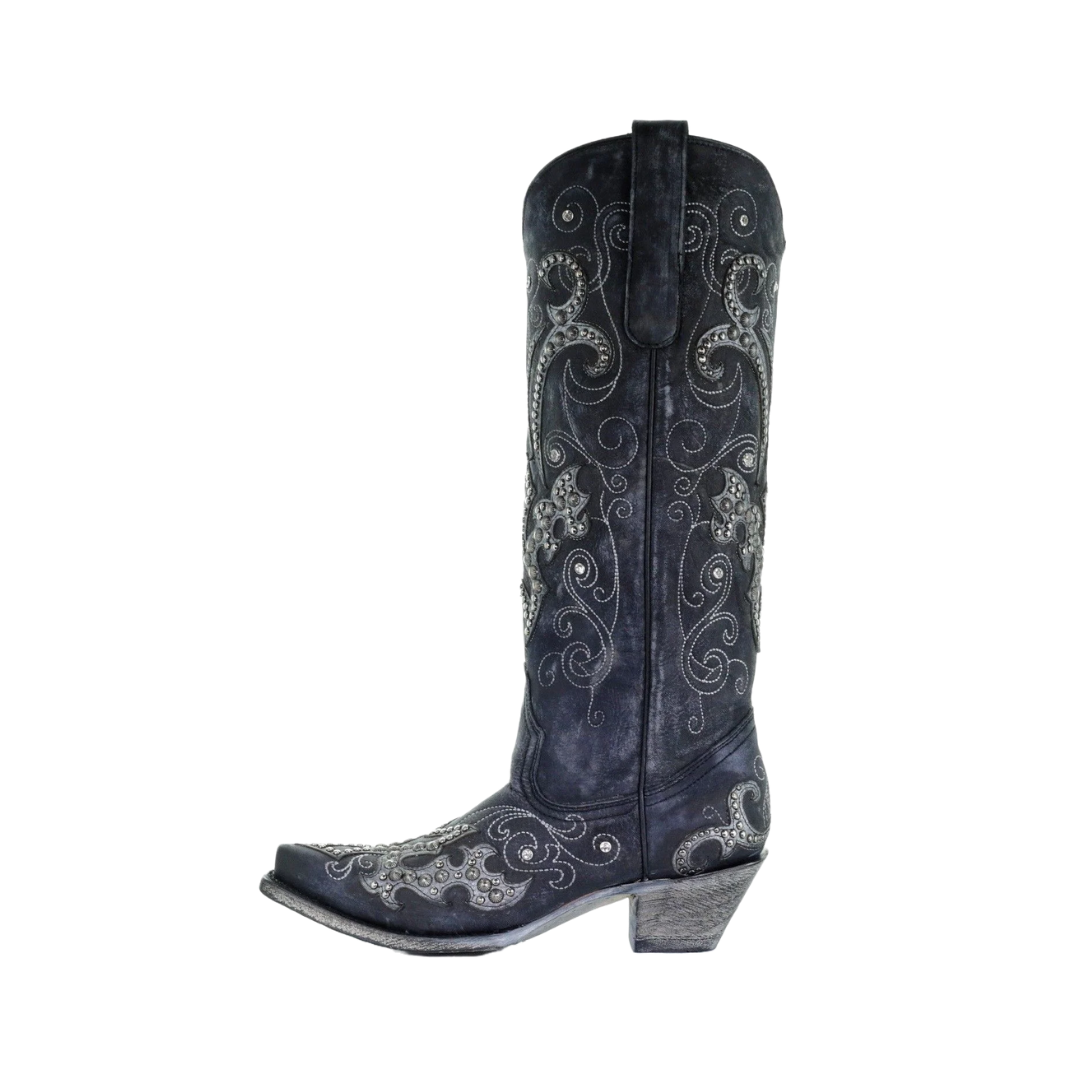 Corral Women's Overlay Embroidery Studs Crystal Black Boots