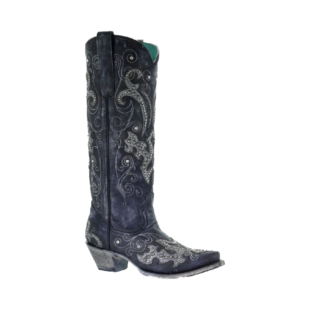 Corral Women's Overlay Embroidery Studs Crystal Black Boots