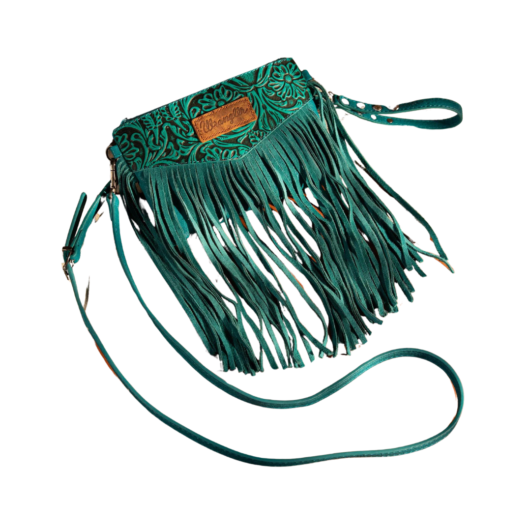 Wrangler Women's Vintage Floral Tooled Crossbody Turquoise Bag