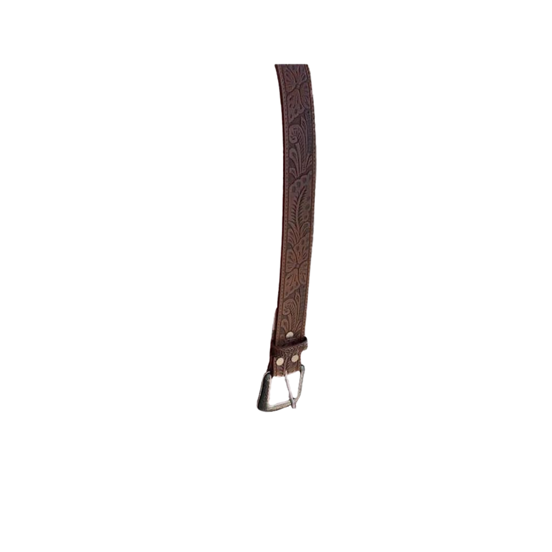 3-D Mens Floral Embossed Leather Brown Belt