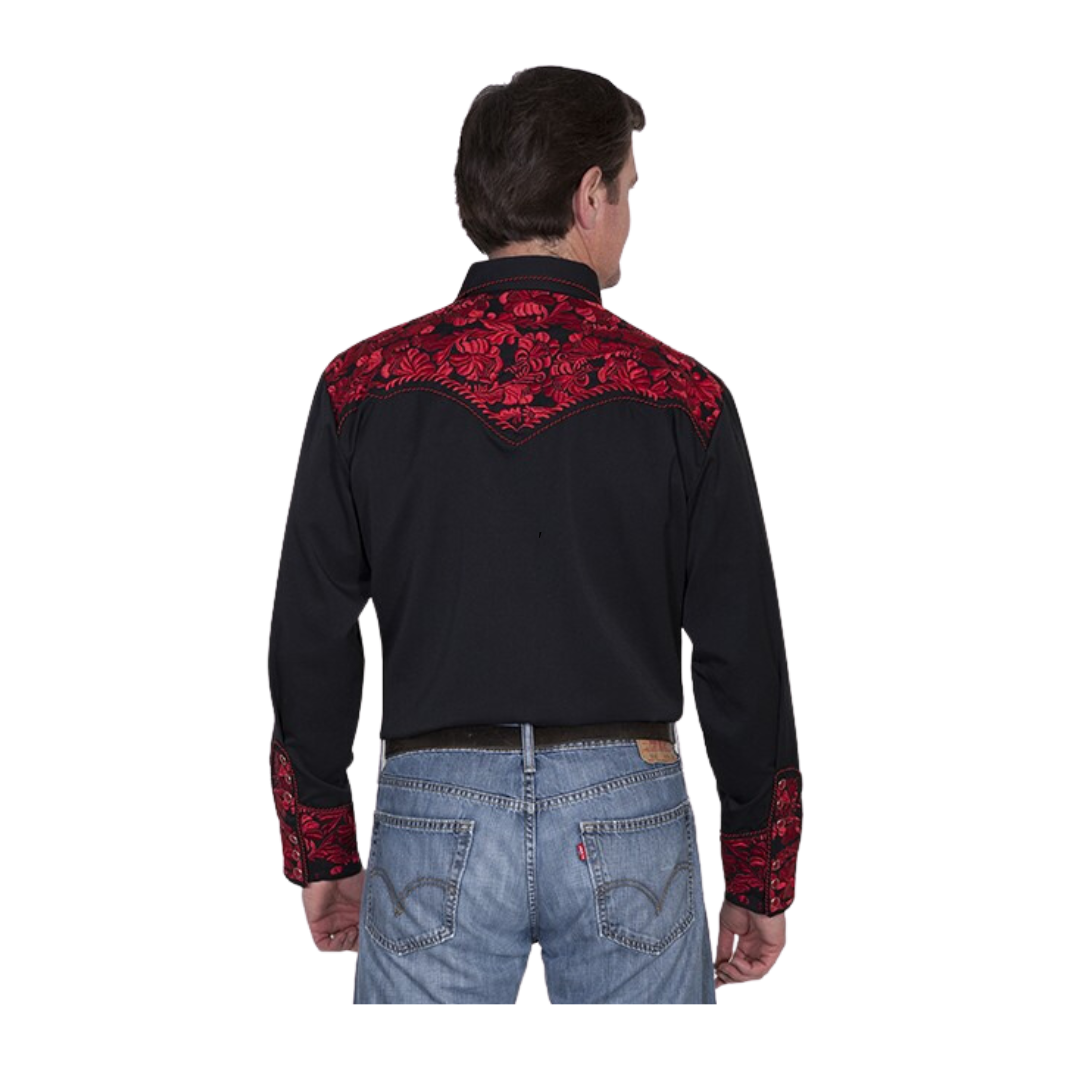Scully Leathers Men's Embroidered Crimson Black Shirt