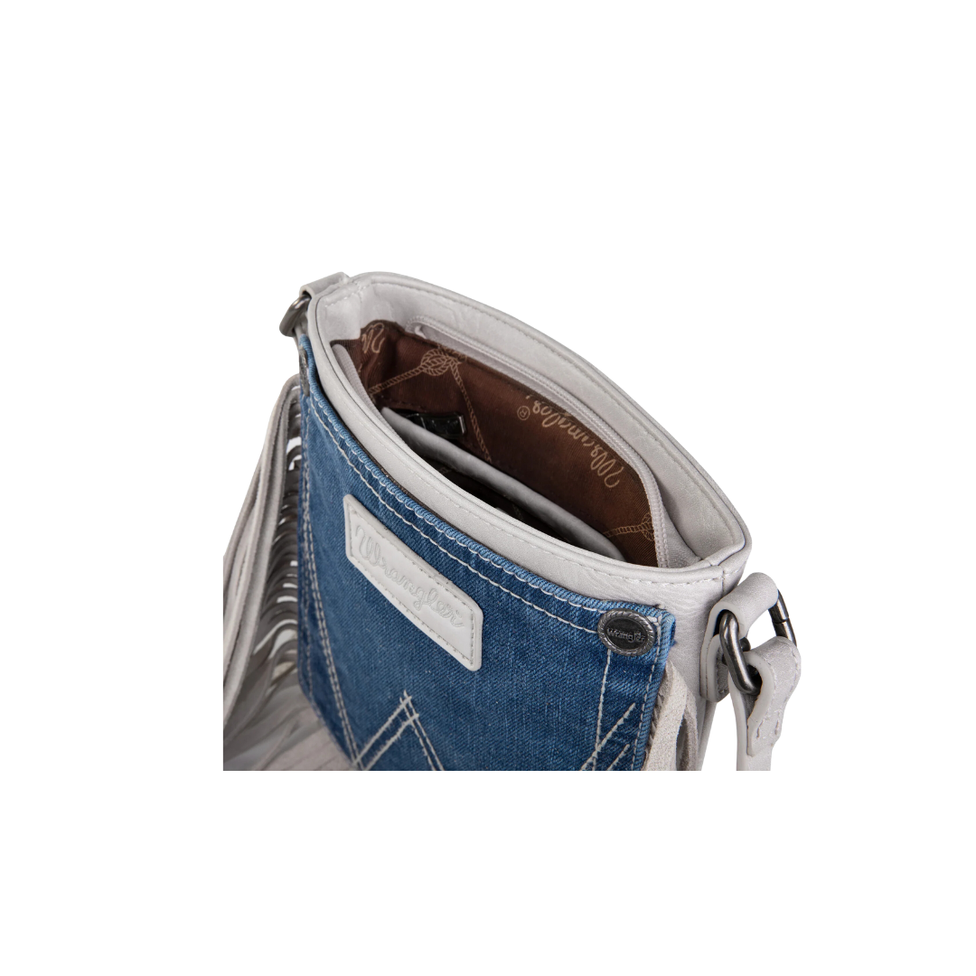Wrangler Women's Leather Fringe Denim White Crossbody Bag