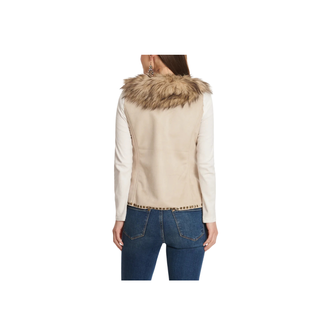 Montana Women's Faux Suede Antique Brass Studs Fur Removable Collar Creamy Vest