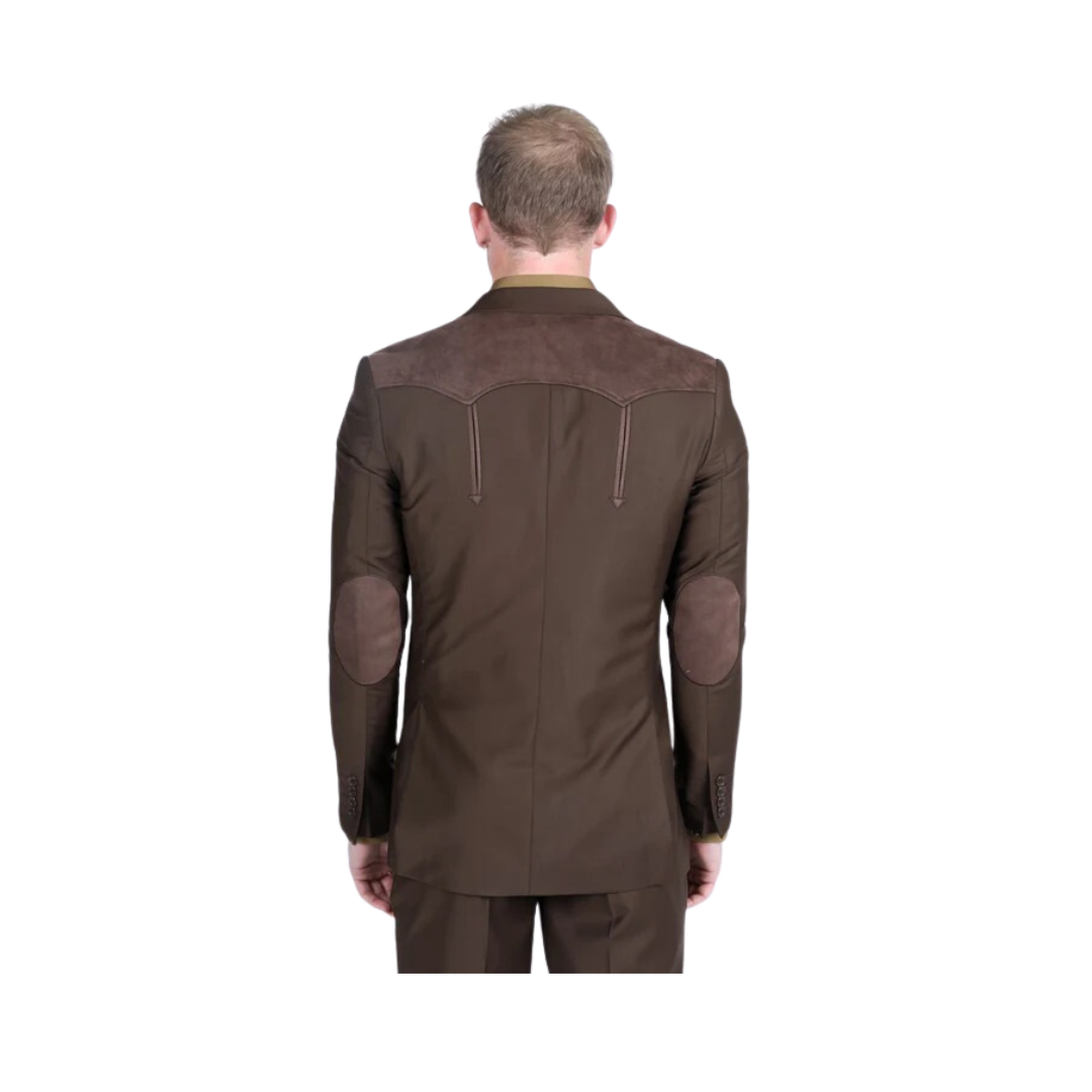 Platini Men's Western With Suede Yokes And Elbow Patches Dark Brown Suit Sport Coat
