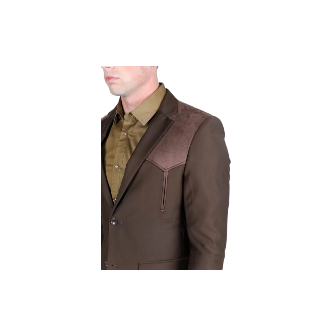 Platini Men's Western With Suede Yokes And Elbow Patches Dark Brown Suit Sport Coat