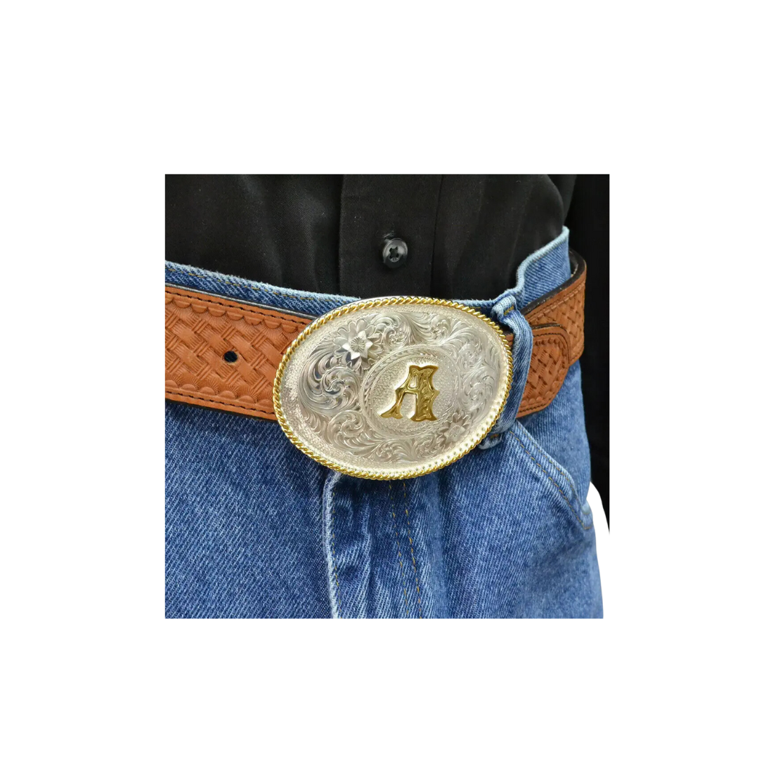Montana Men's Initial Silver Engraved Gold Trim Western Belt Buckle