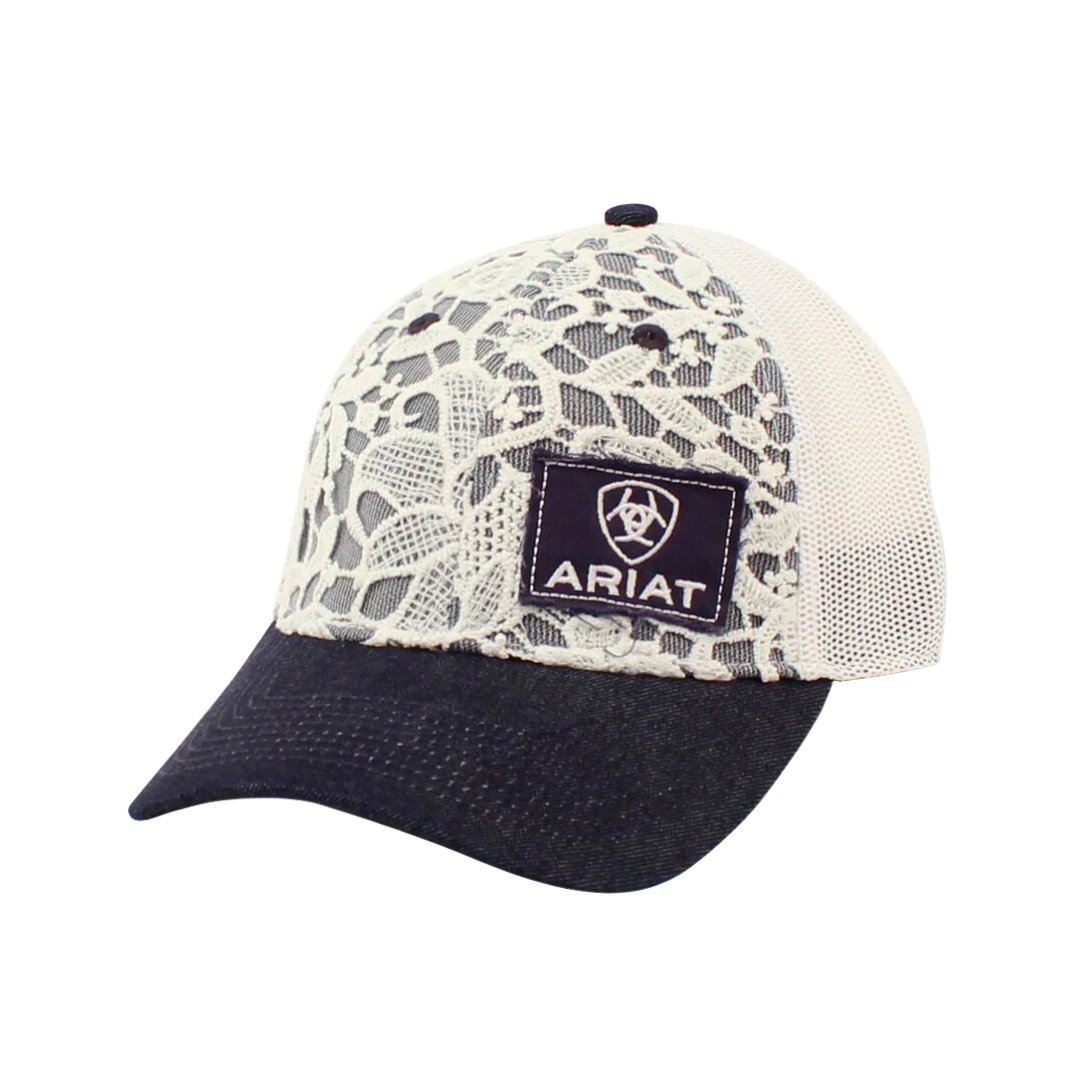 Ariat M&amp;F Denim White Ivory Lace and Mesh Logo Patch Cap