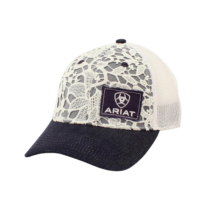 Ariat M&amp;F Denim White Ivory Lace and Mesh Logo Patch Cap