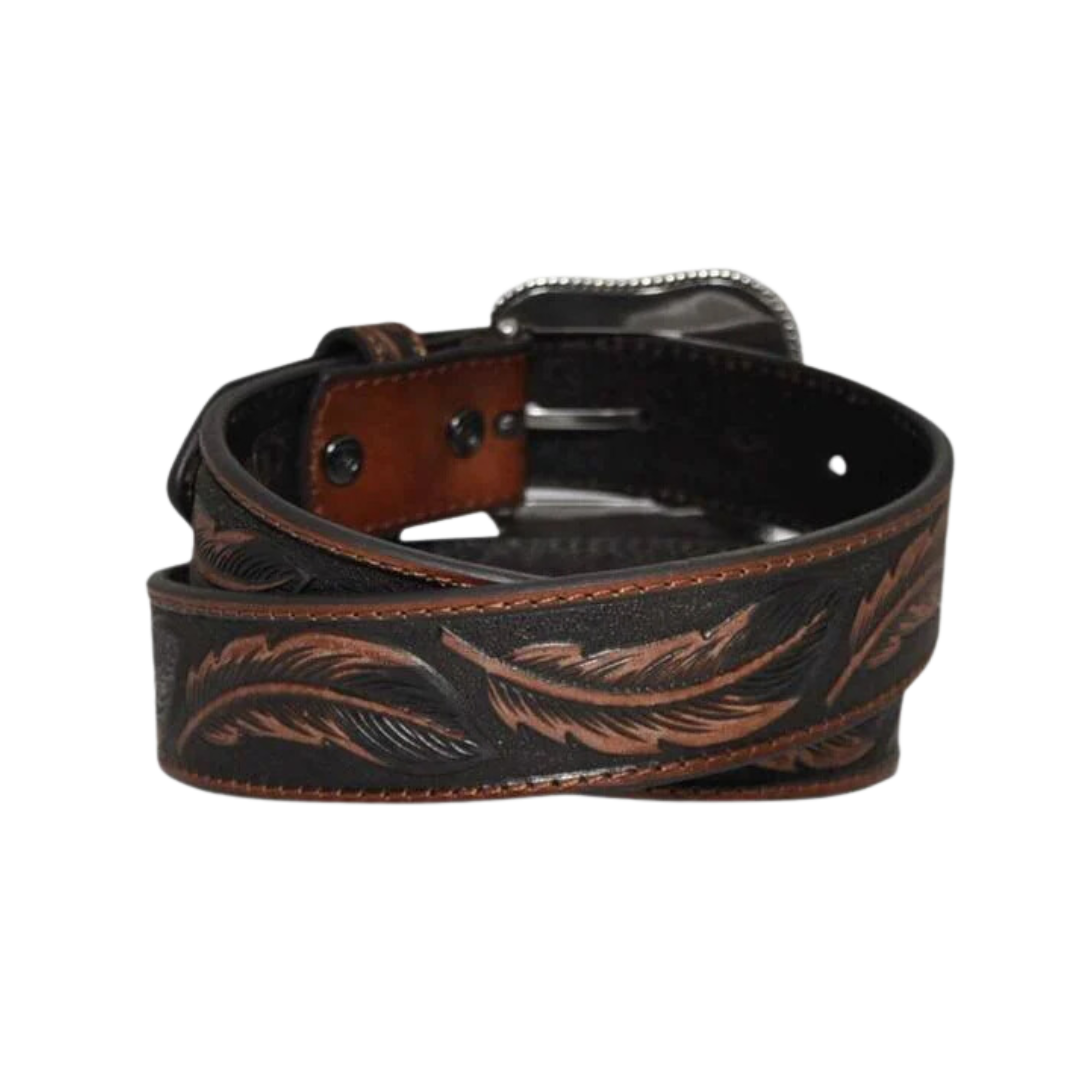 Ariat M&amp;F Brown Feather Tooled Silver Buckle Belt