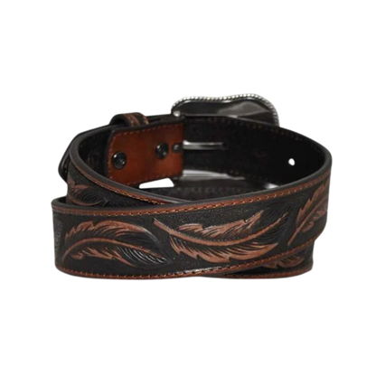 Ariat M&amp;F Brown Feather Tooled Silver Buckle Belt