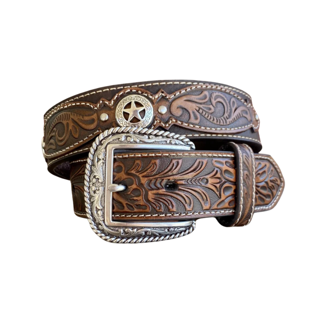 Ariat Men's Floral Tab Star Concho Brown Belt
