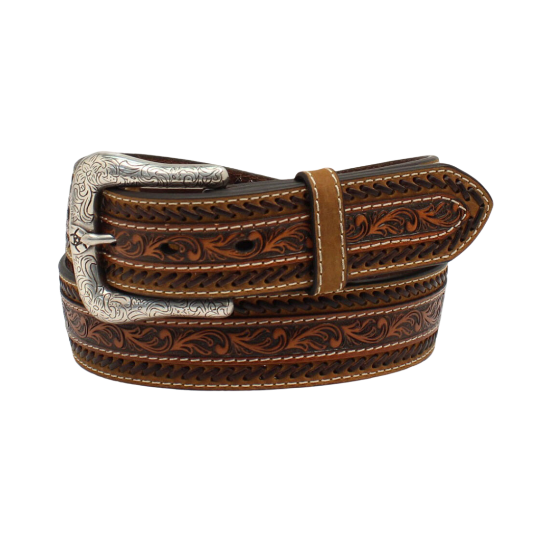 Ariat Men's Buck Stitching Floral Tooled Tan Belt