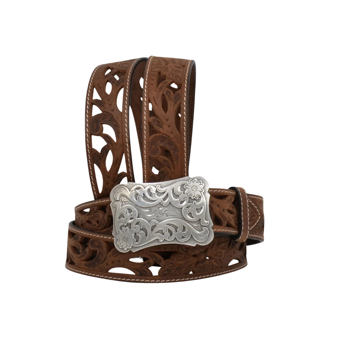 Angel Ranch Women's Filigree Cutout Leather Brown Belt- Floral Filigree ...