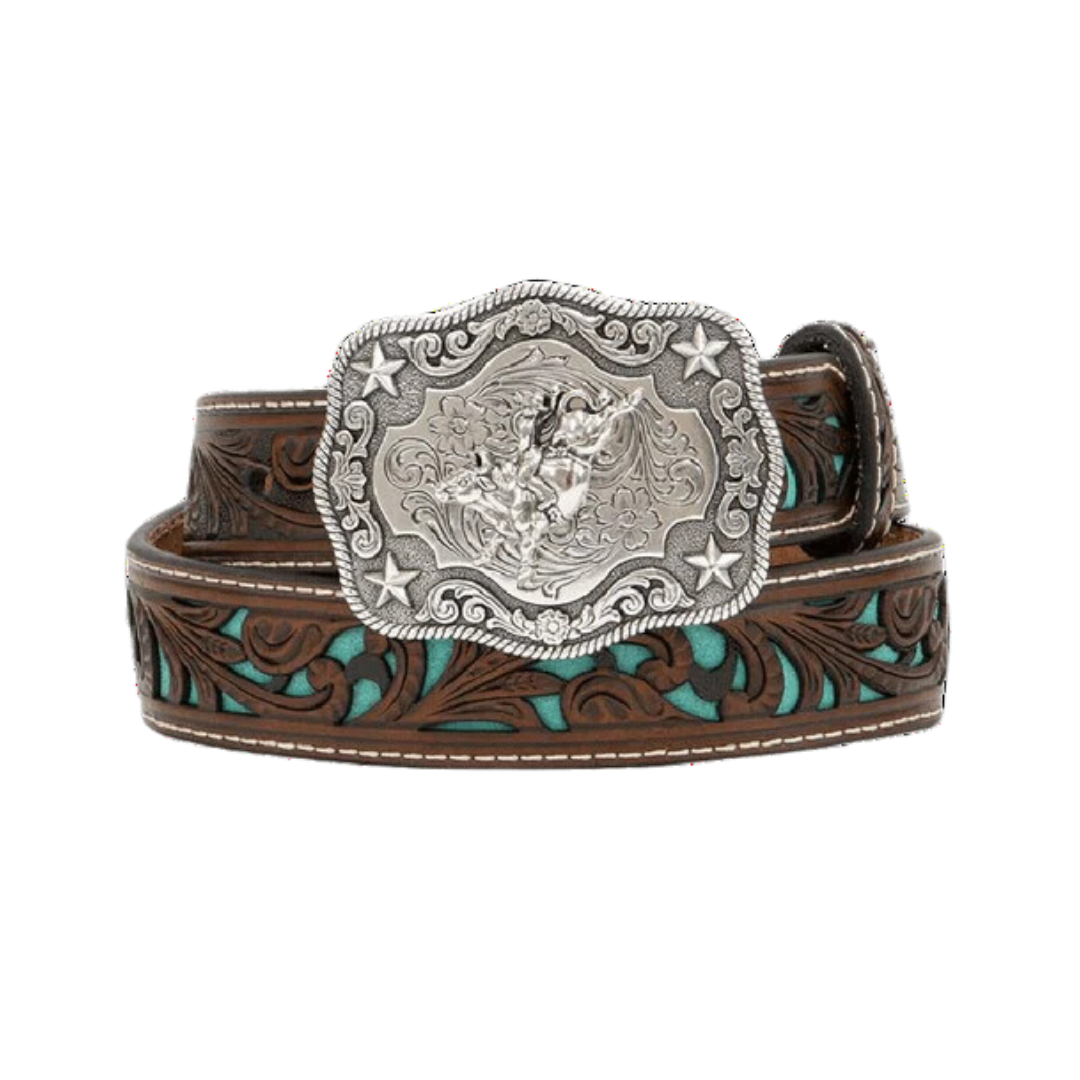 Nocona Youth Piercing Turquoise Underlay Bull Rider Belt