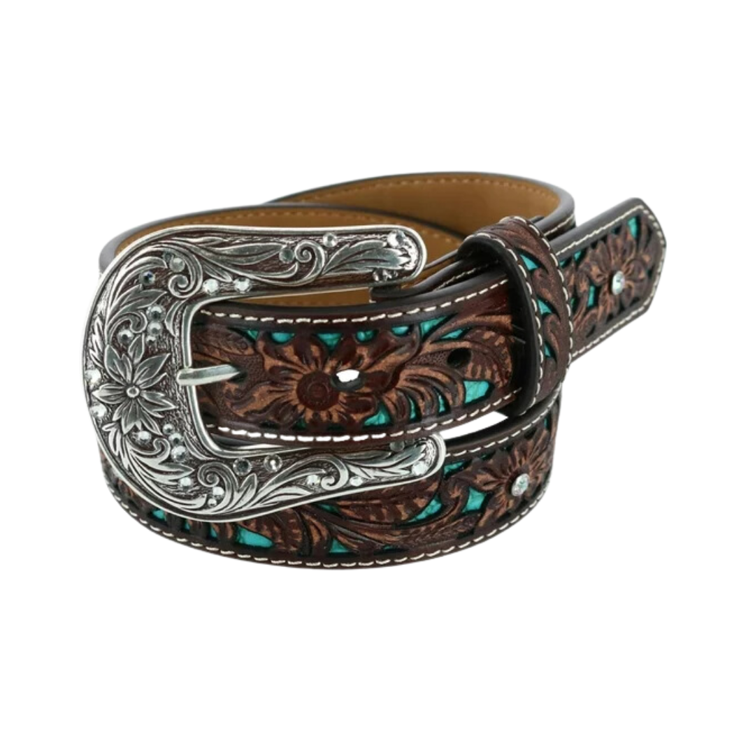 Ariat Children Brown &amp; Turquoise Floral Overlay Western Belt