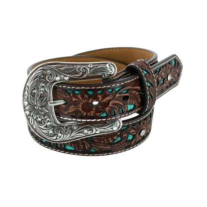 Ariat Children Brown &amp; Turquoise Floral Overlay Western Belt