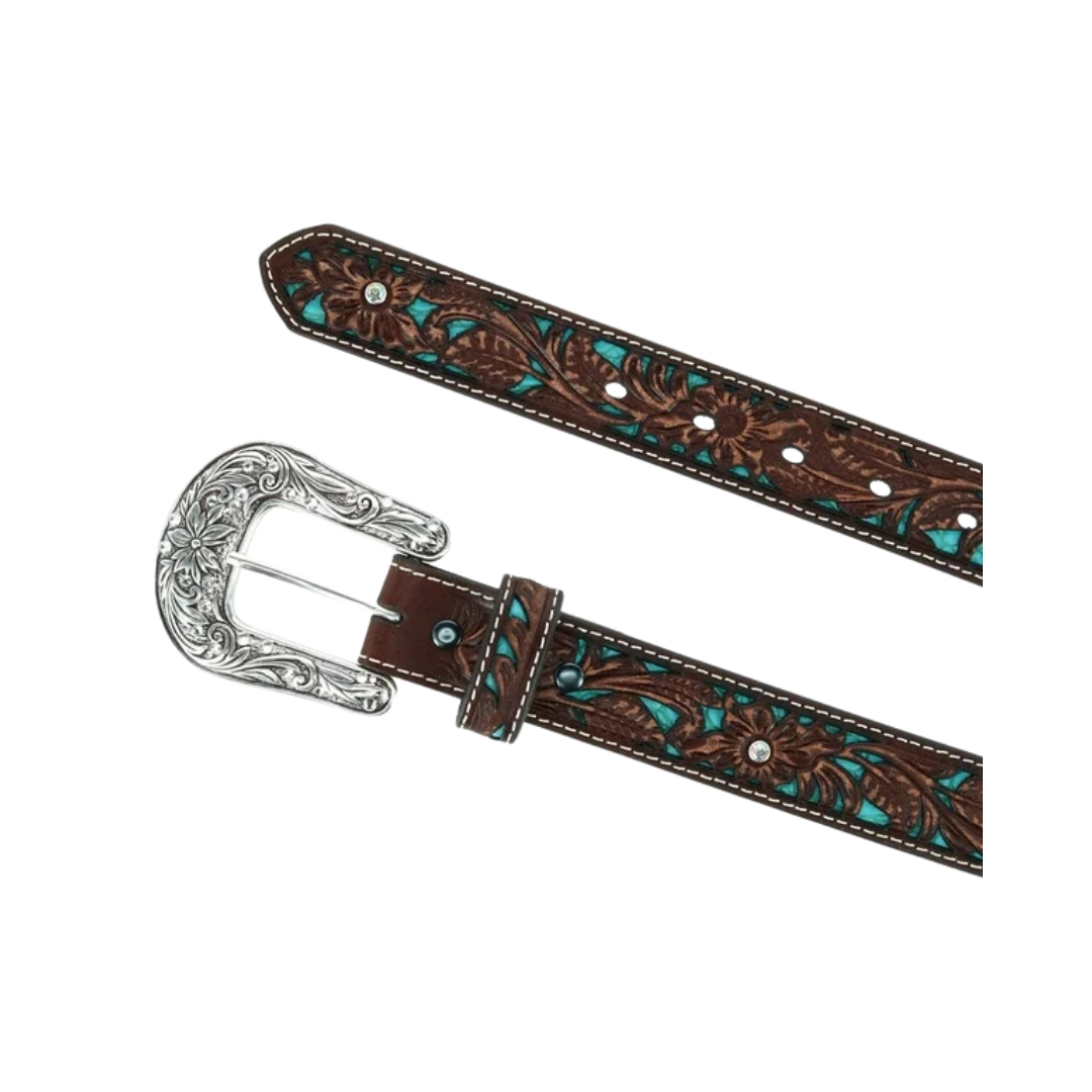 Ariat Children Brown &amp; Turquoise Floral Overlay Western Belt