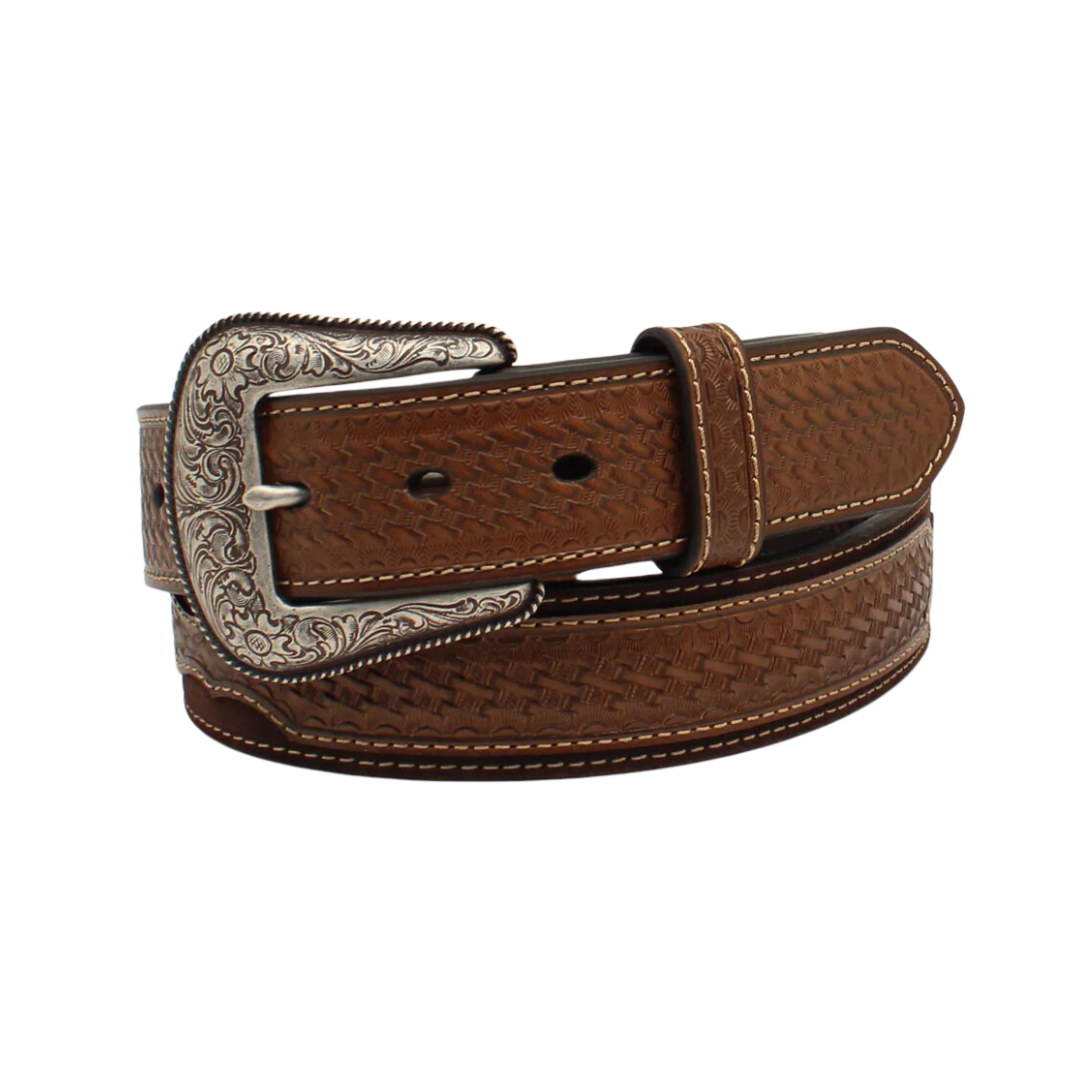 Ariat Men's Basket Weave Tab Round Concho Brown Belt