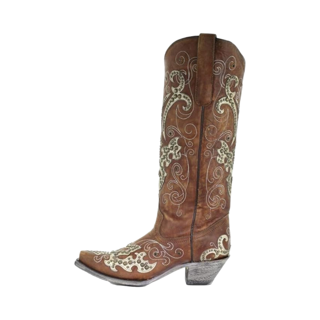 Corral Women's Overlay Embroidery Studs and Crystals Brown Boots