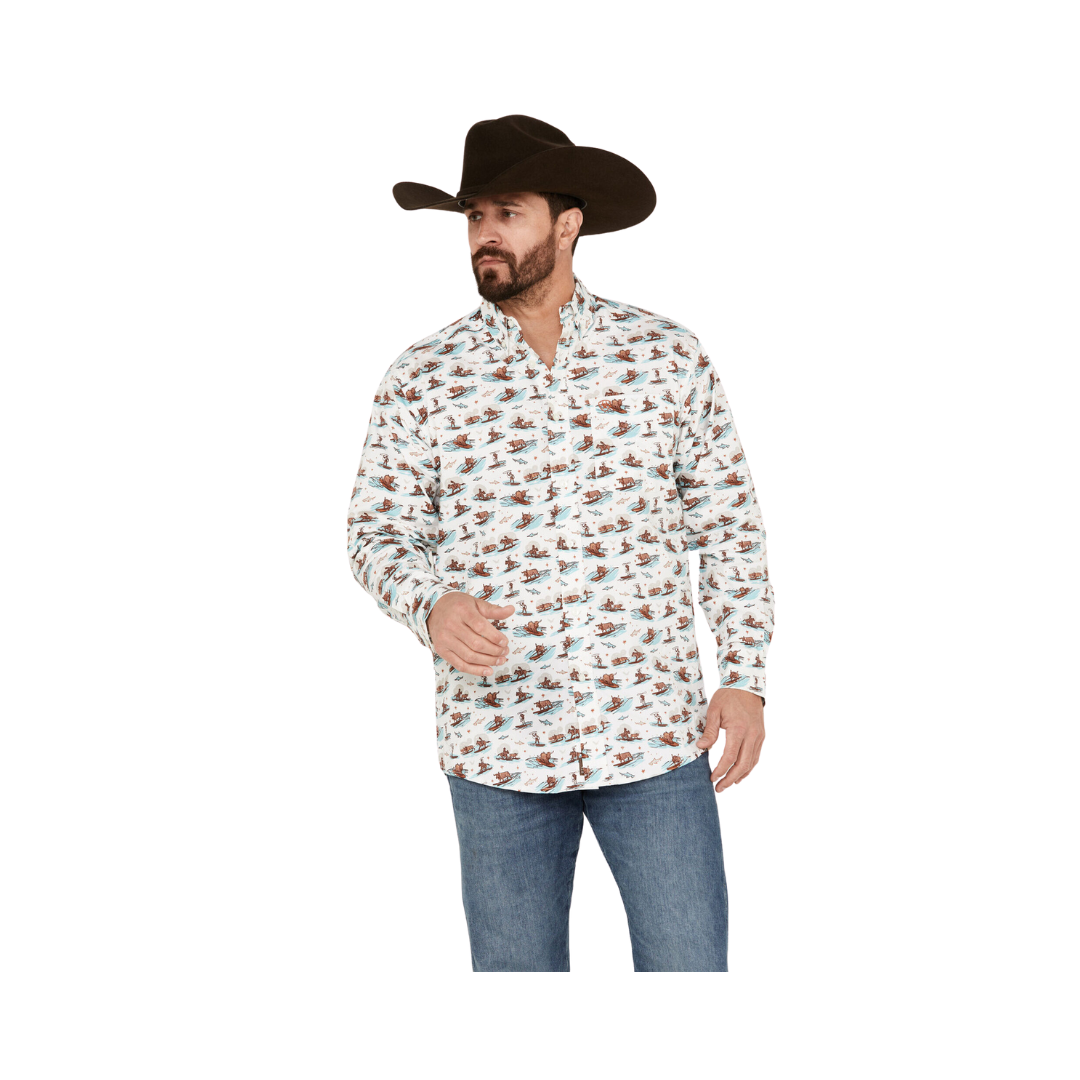 Ariat Men's Surfing Longhorn Aloha Stretch Classic Fit Western Aloha White Shirt