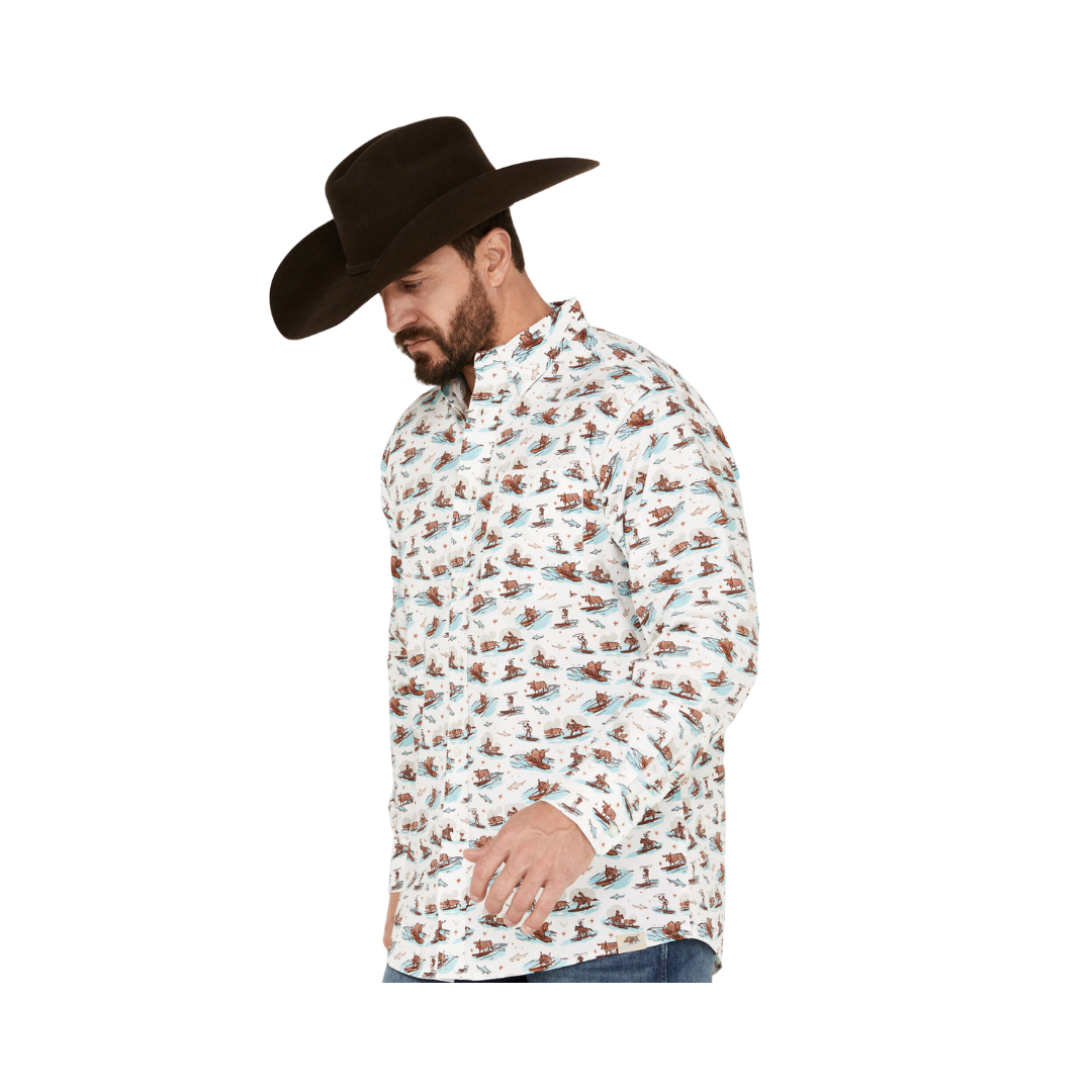 Ariat Men's Surfing Longhorn Aloha Stretch Classic Fit Western Aloha White Shirt