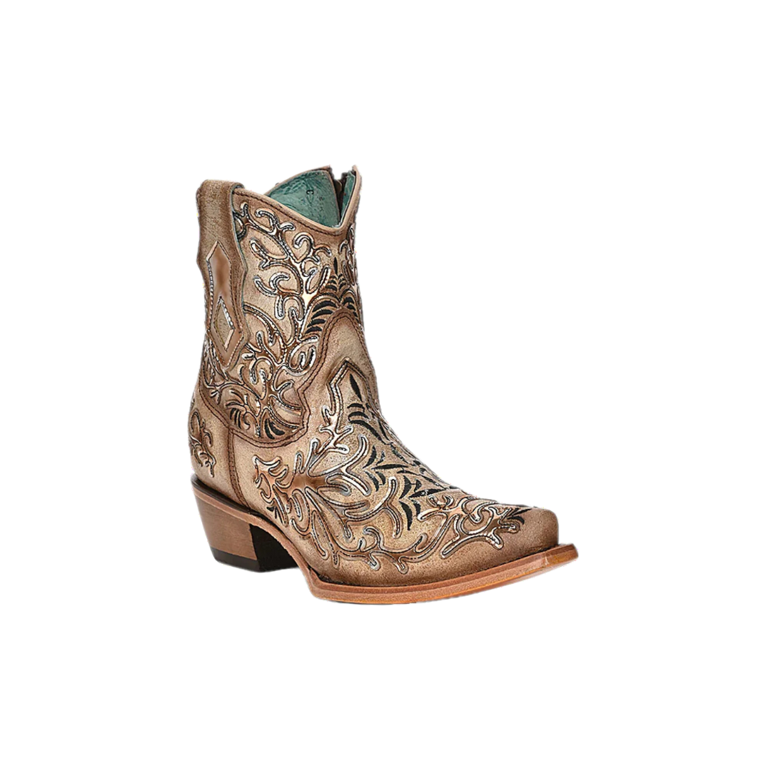 Corral Womens Mirror-like Overlay And Embroidery Tan Ankle Boots