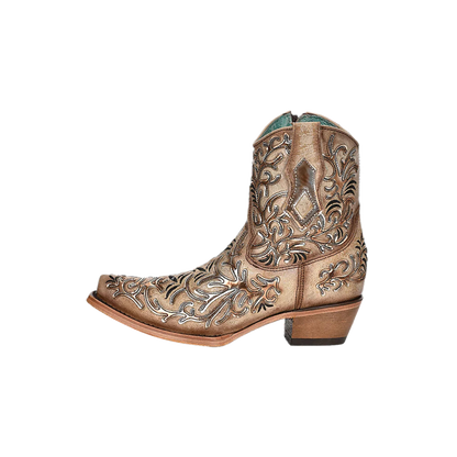 Corral Womens Mirror-like Overlay And Embroidery Tan Ankle Boots
