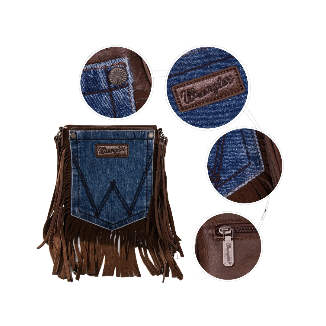 Wrangler Women's Leather Fringe Denim Coffee Brown Crossbody Bag