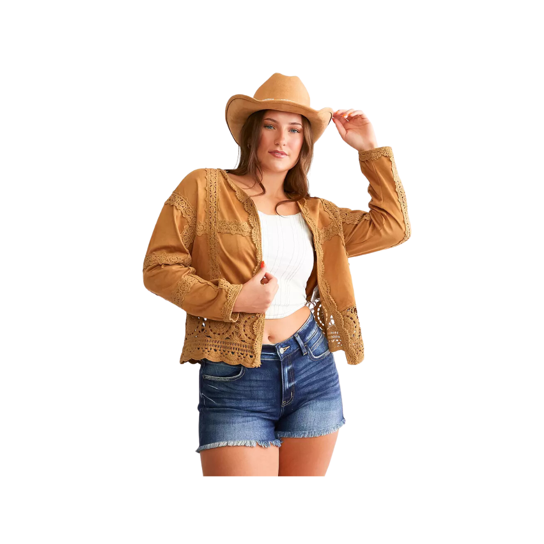 Miss Me Woman's Faux Suede Crochet Open Cardigan
