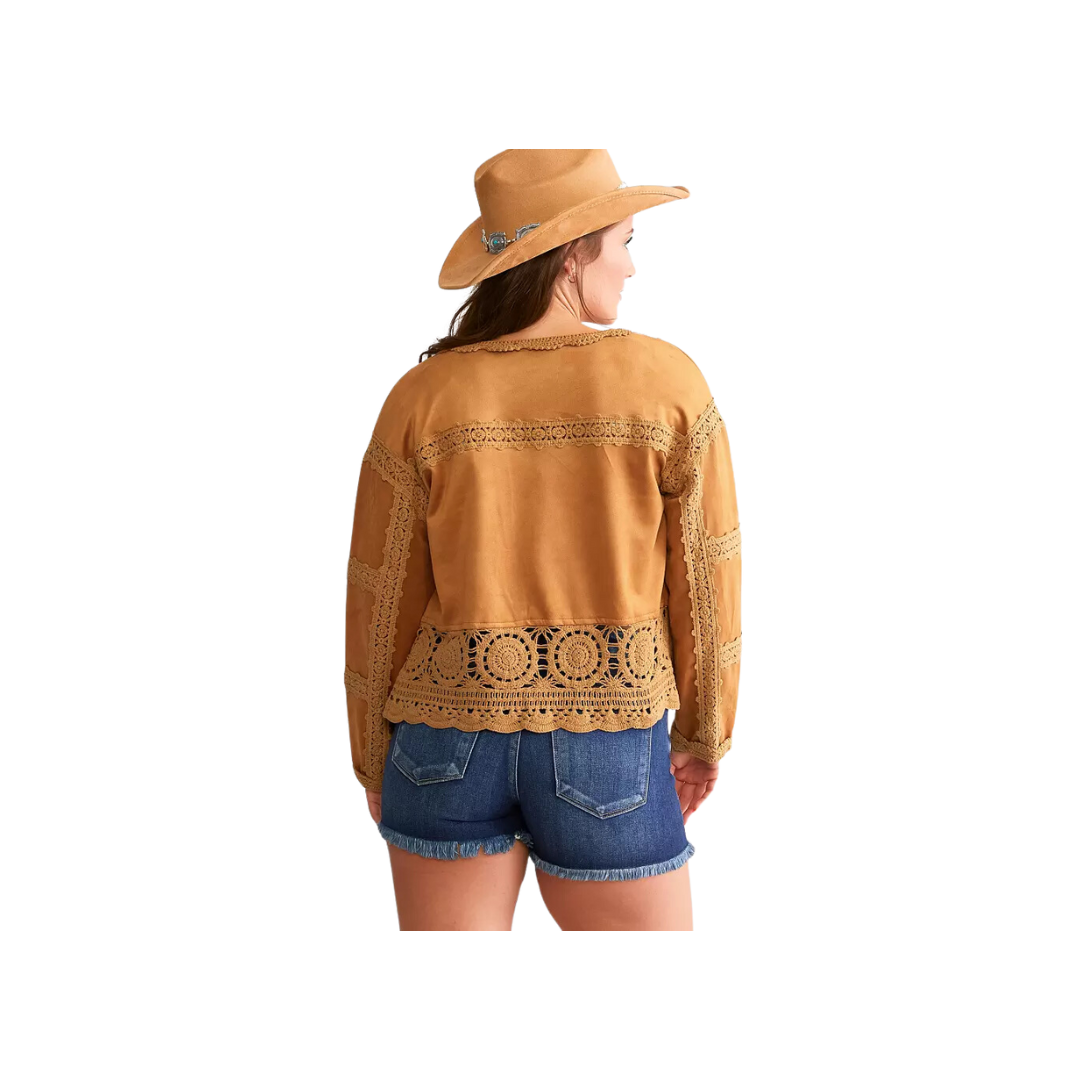 Miss Me Woman's Faux Suede Crochet Open Cardigan
