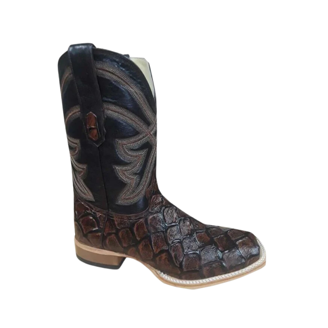 Boot Jack Men's Fish Print Square Toe Black Dark Brown Boots