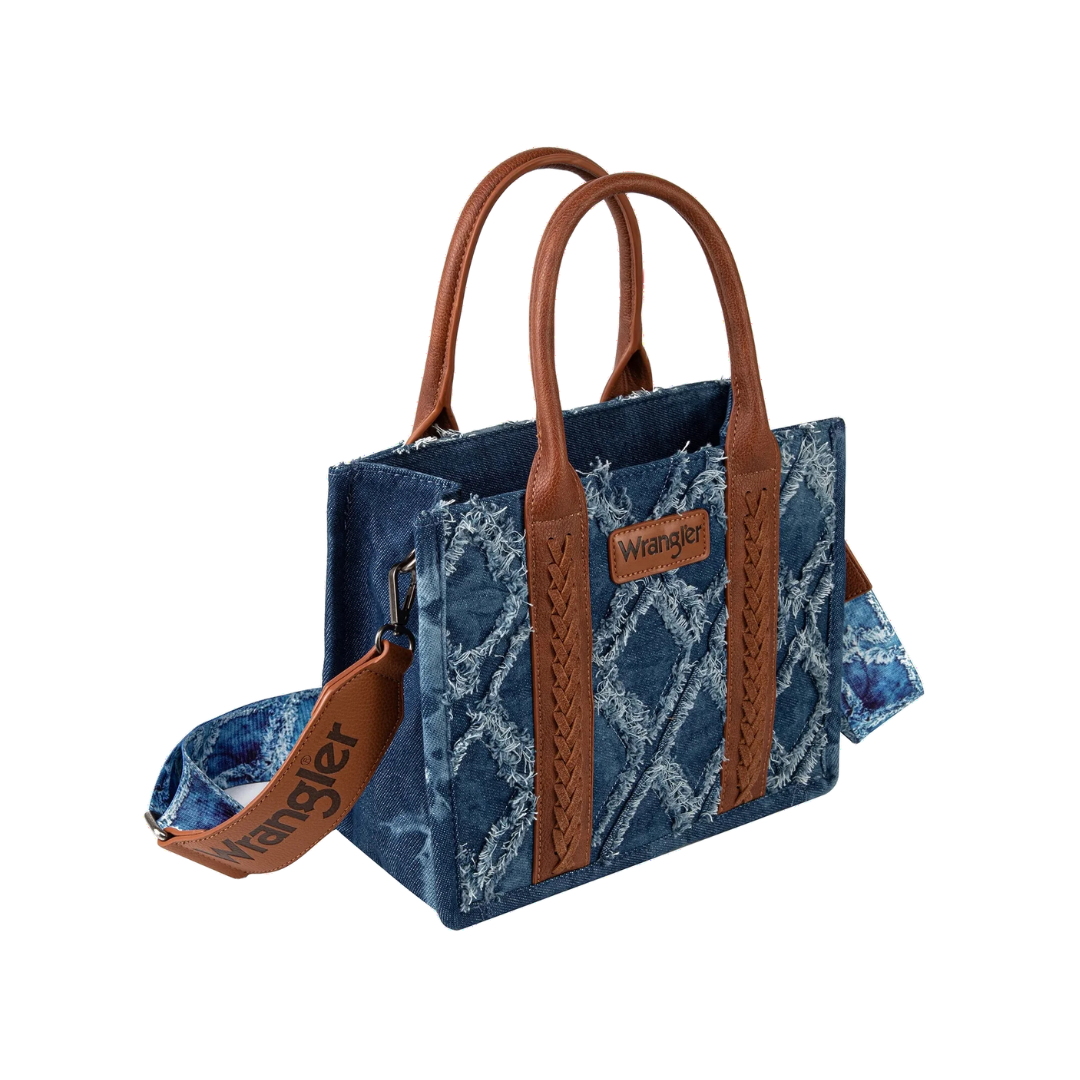 Wrangler Women's Frayed Fringe Small Denim Crossbody Tote Bag