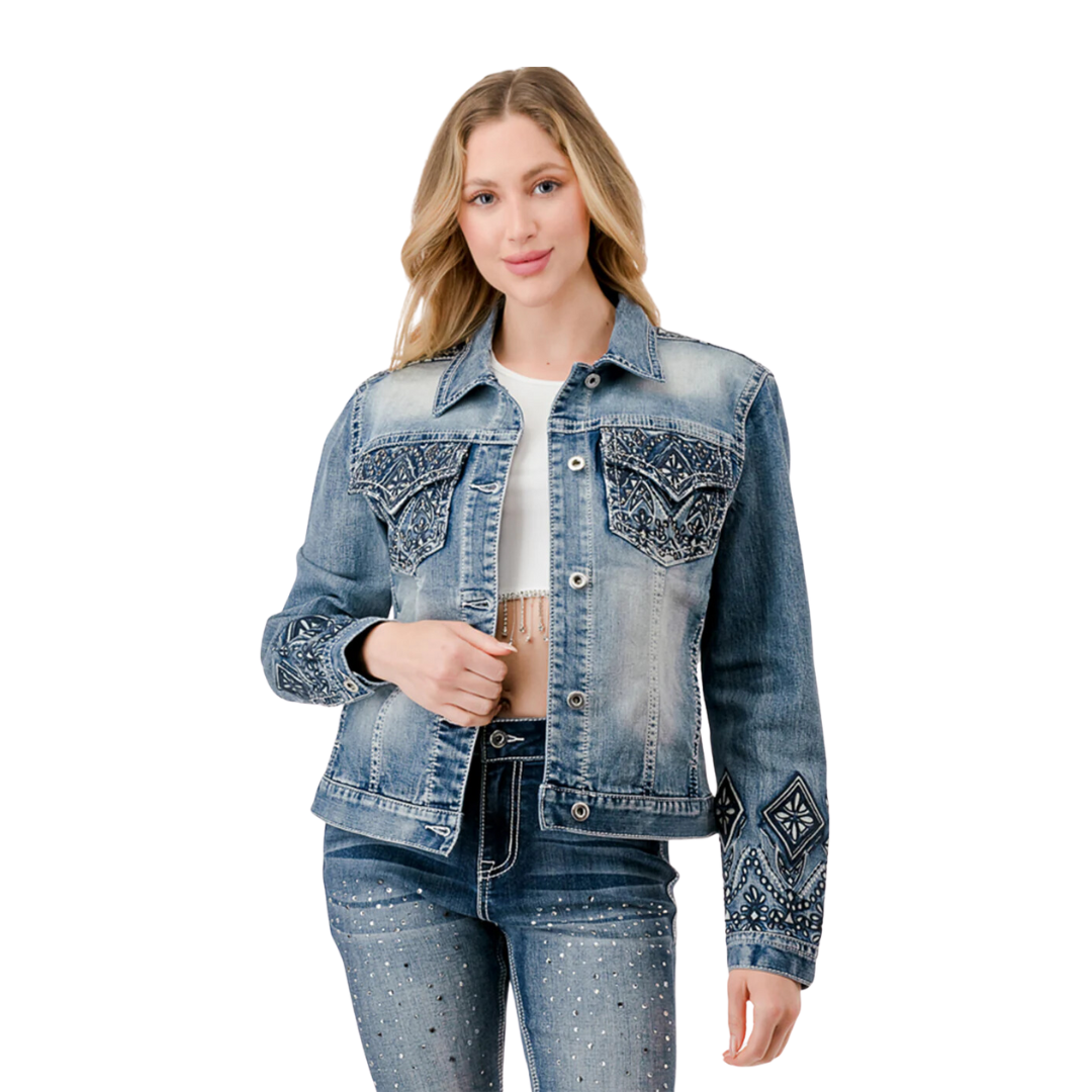 Grace Women's Aztec Embroidery Denim Jacket