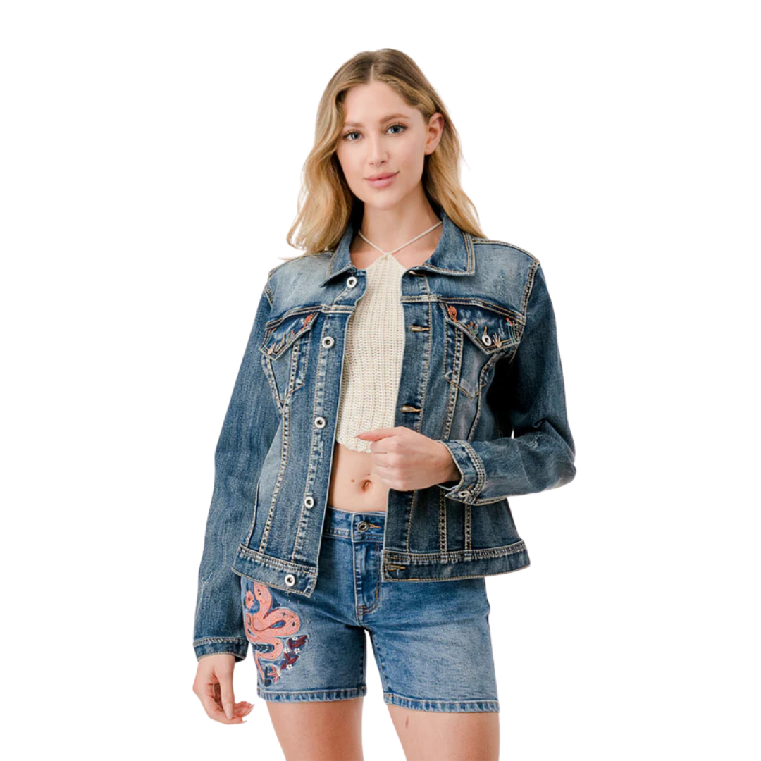 Grace Women's Cactus Embroidery Denim Jacket