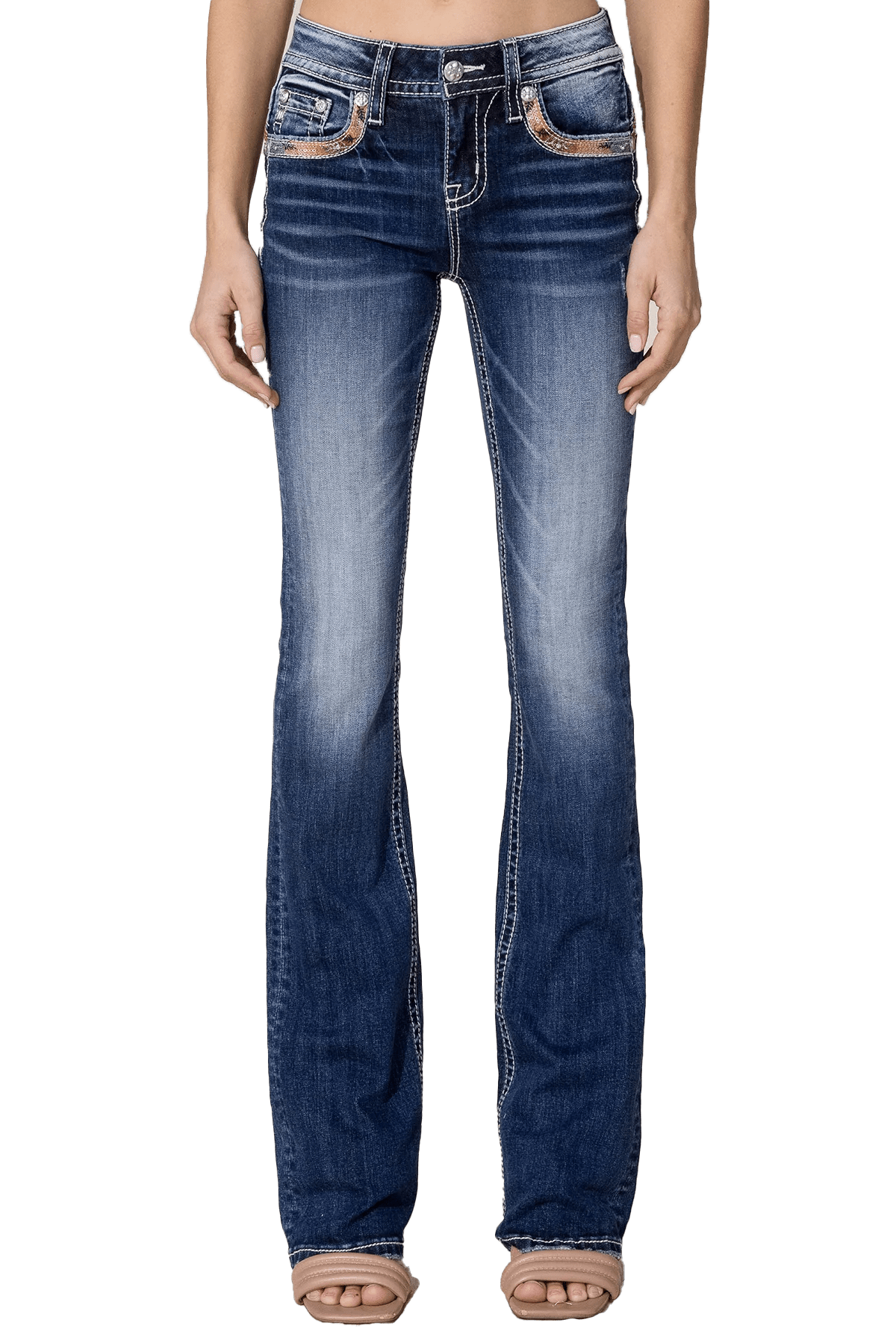 Miss Me Womens Dark Wash Mid-Rise Love Pop Bootcut Jeans