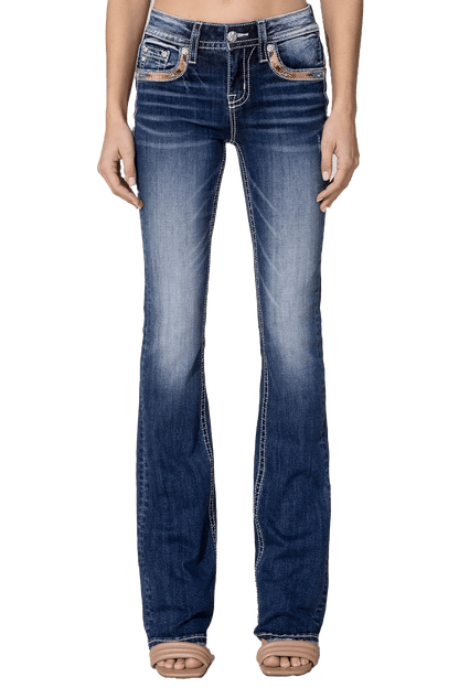 Miss Me Womens Dark Wash Mid-Rise Love Pop Bootcut Jeans